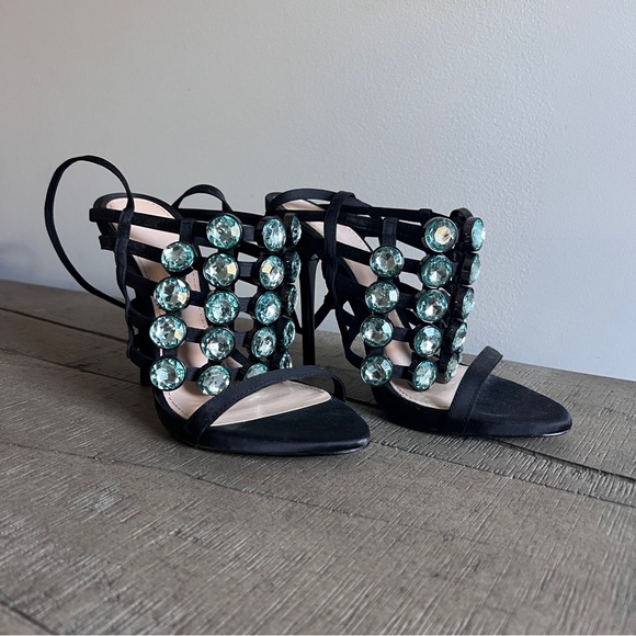 Zara Black Ankle Strap Heels with Cage Emerald Jeweled Gem - Picture 5 of 10